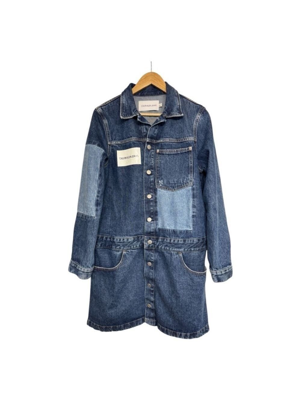 Minimalist Patchwork Denim Shirt Jacket Workwear Chore Coat Calvin Klein Jeans M